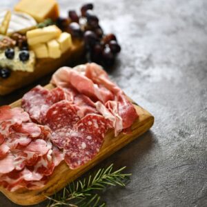 Charcuterie board with assorted cured meats and cheese platter